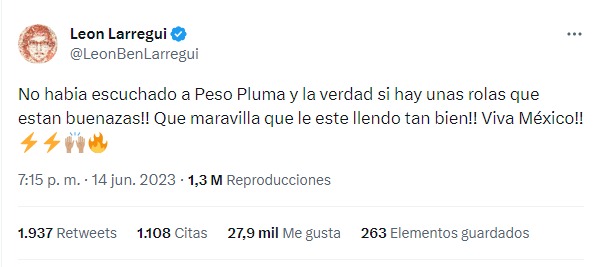 Leon larregui felicitando a peso pluma en twitter 