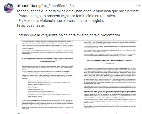 comunicado de elena rios en twitter