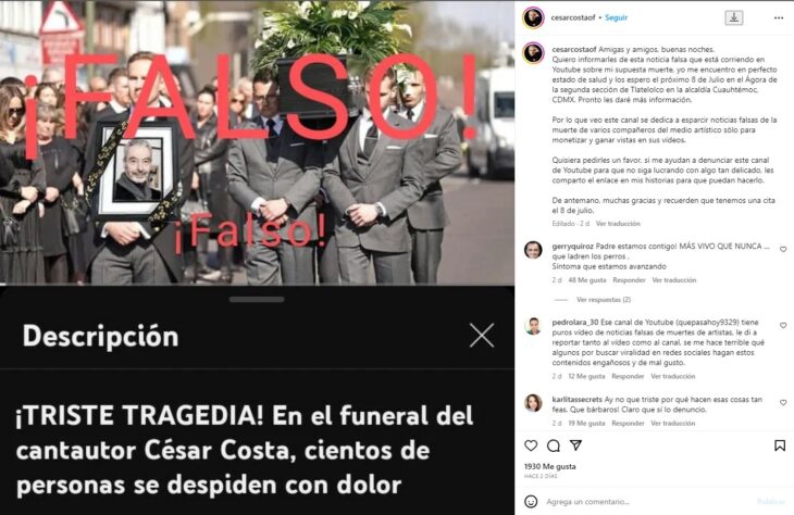 captura de pantalla de una publicación de César Costa en su perfil de Instagram 