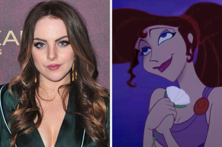 imagen comparativa de la actriz Elizabeth Gillies con la figura animada de Megara en la película de Hércules 