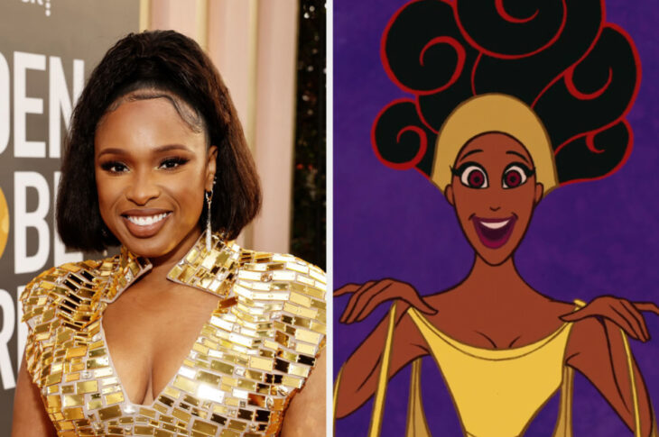 imagen comparativa de Jennifer Hudson con una imagen de la Musa Calíope en la película animada de Hércules 