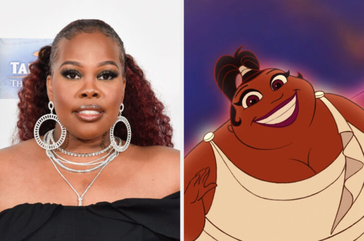 imagen comparativa de Amber Riley con una imagen de la Musa Talía en la película animada de Hércules 