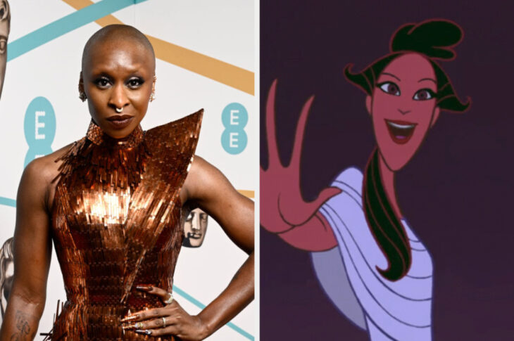 imagen comparativa de Cynthia Erivo con una imagen de la Musa Clío en la película animada de Hércules 