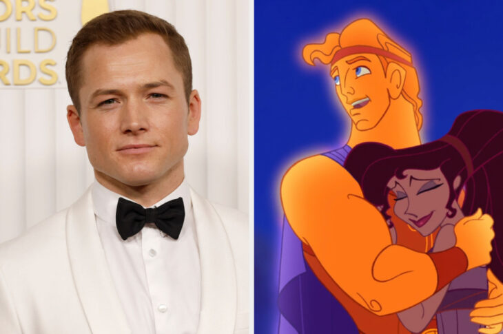 imagen comparativa del actor Taron Egerton con la figura animada de Hércules 