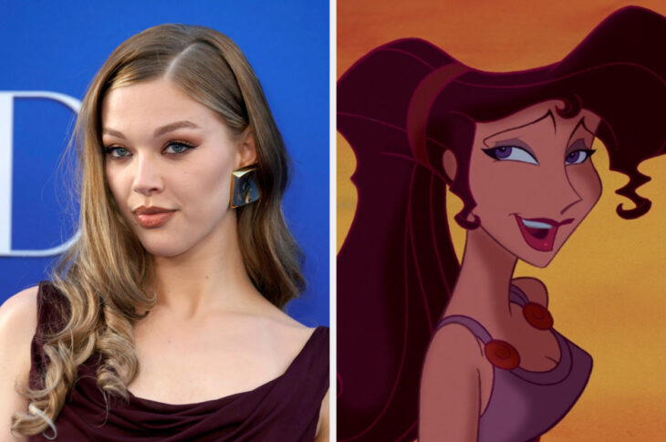 imagen comparativa de la actriz Jessica Alejandro con la figura animada de Megara en la película de Hércules 