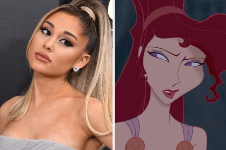 imagen comparativa de Ariana Grande con la figura animada de Megara en la película de Hércules 