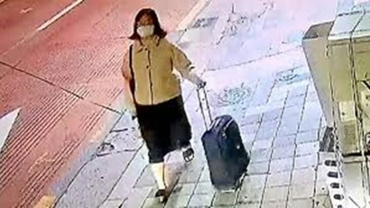 imagen de una cámara de seguridad una chica camina con una maleta por la banqueta