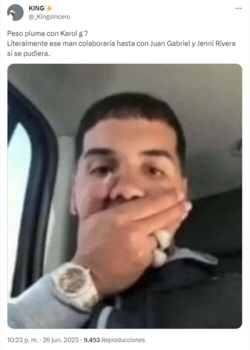 Captura de pantalla de un meme sobre la posible colaboración de Karol G con Peso Pluma