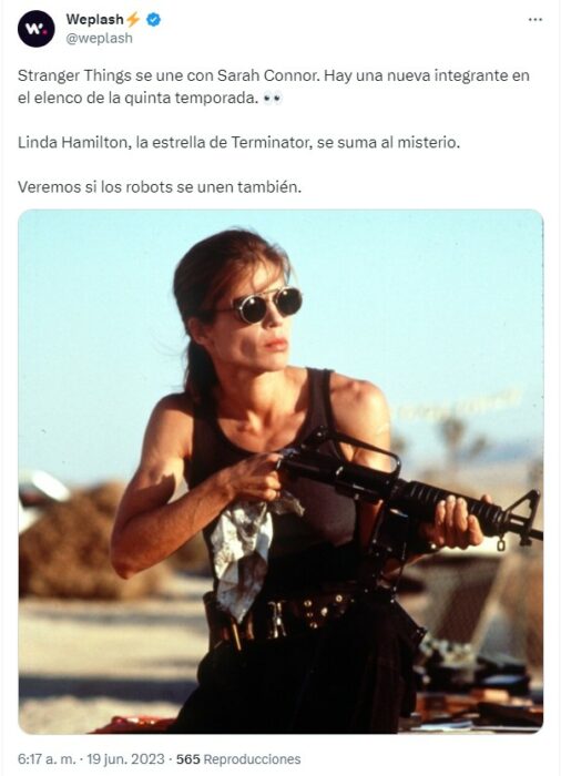 captura de pantalla sobre la noticia de que Linda Hamilton saldrá en Stranger Things 5 