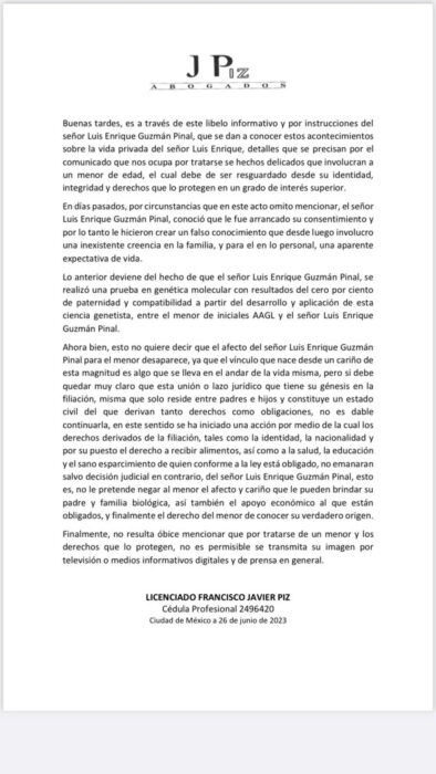 Documento expedido por los abogados del hijo de Silvia Pinal y Enrique Guzmán que comprueba que no es hijo de Apolo
