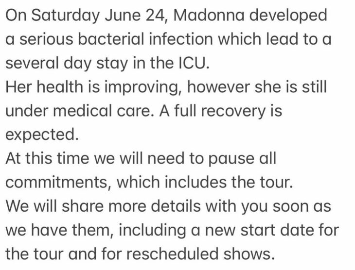 comunicado de prensa compartido por el mánager de Madonna sobre su estado de salud 