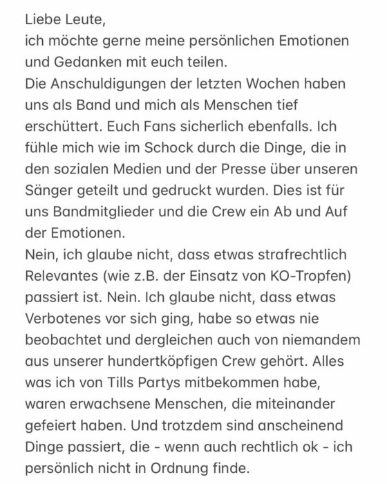 comunicado oficial compartido en la cuenta de Instagram del baterista de Rammstein 