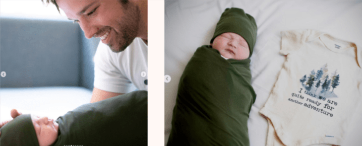 dos imágenes del bebé recién nacido de Nathan Kress en una de ellas el actor lo mira fijamente el pequeño está vestido de verde