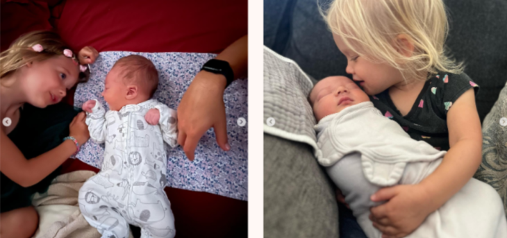 dos imágenes donde aparecen los hijos de Nathan Kress don niñas y un bebé recién nacido las niñas conviven con su hermanito