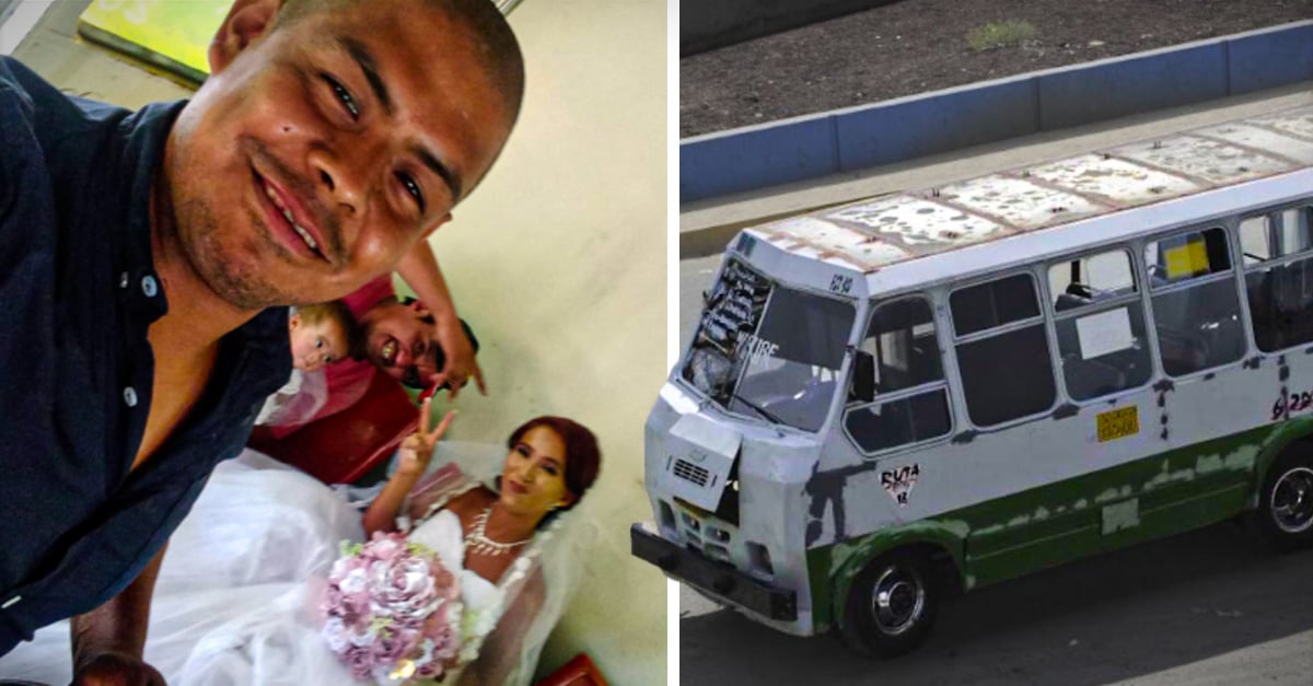 Bride travels by bus to get to her wedding on time;  she saved his day