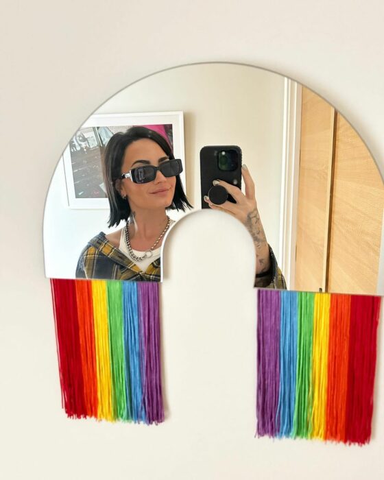 demi lovato tomandose una foto en un espejo con los colores del orgullo 