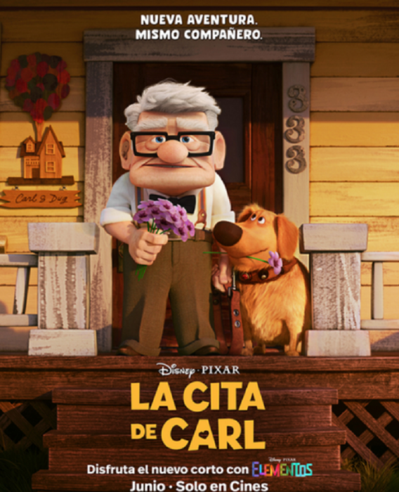 poster oficial promocional del nuevo corto de Disney y Pixar La vita de Carl aparece el señor Fredricksen y su perro Dug 