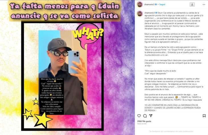 Captura de pantalla de una publicación de la influencer Chamonic 