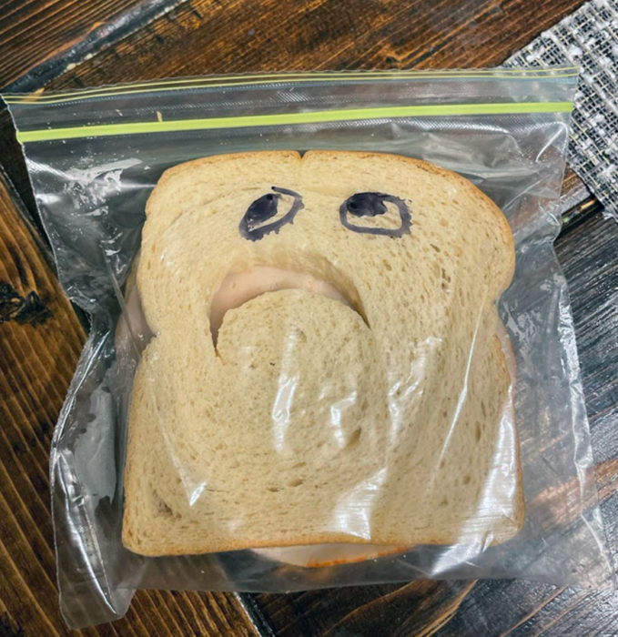 un sándwich con carita triste envuelto en ziploc 