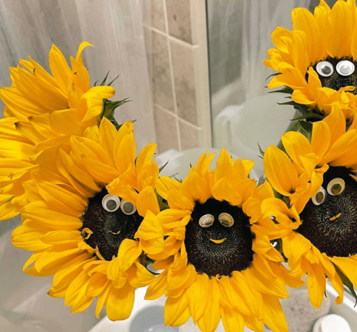 unas flores de girasol que les colocaron ojos y boca falsos