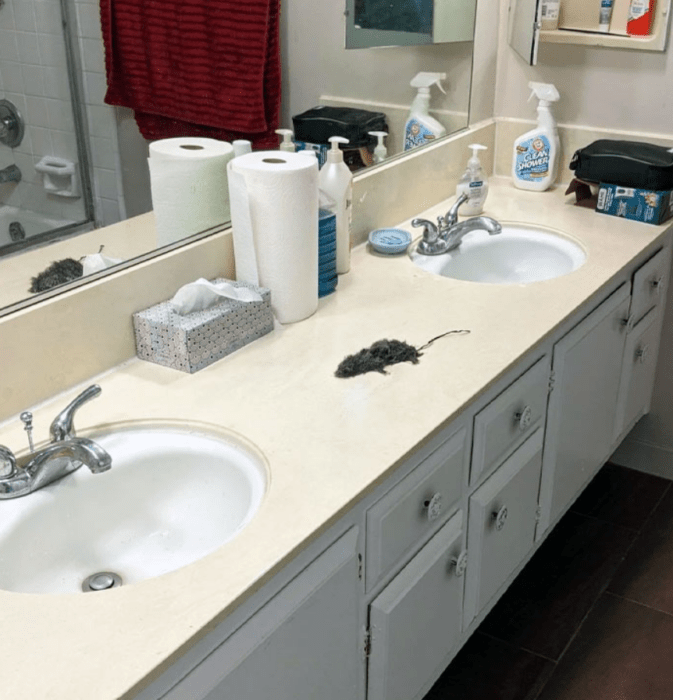 el baño de una casa en color blancodonde se aprecia la figura de una rata pero hecha de cabello