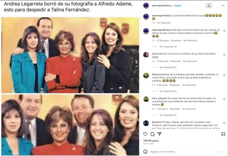 captura de pantalla de una publicación en Instagram de Alfredo Adame 