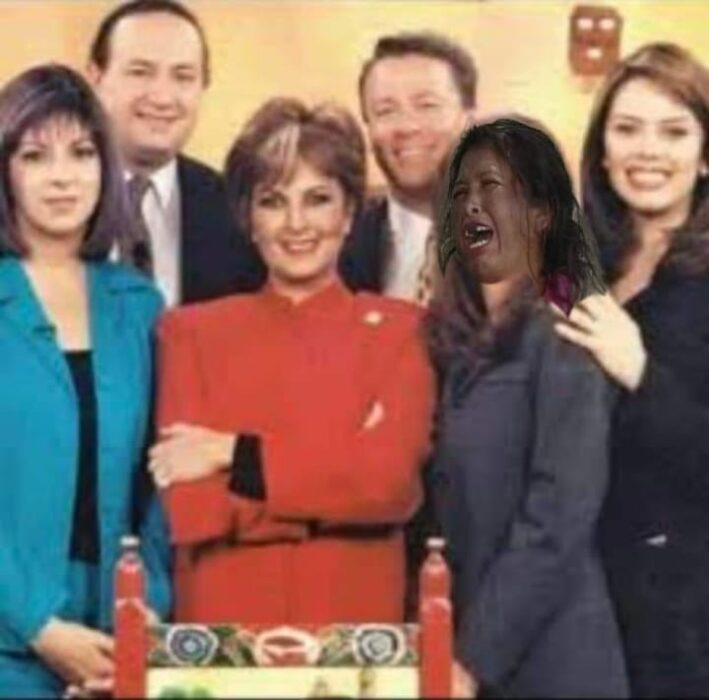 imagen del viejo elenco del programa hoy con la cara de la chupitos en vez de Andrea Legarreta 