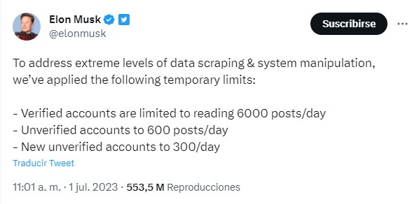 Captura de pantalla en la que Elon Musk anuncia las limitaciones de lectura en Twitter 
