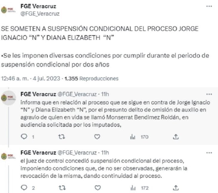 comunicado de Twitter de la FGE Veracruz en al cso de Monse Bendimes