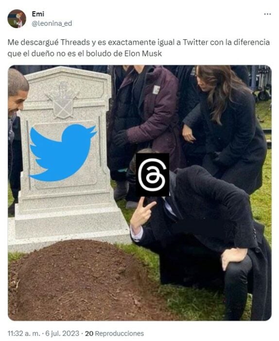 meme de una selfie en el sepulcro con los logos de Twitter y Threads 