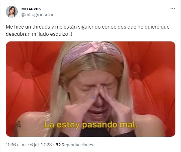 meme de una mujer llorando con respecto a la nueva app Threads 