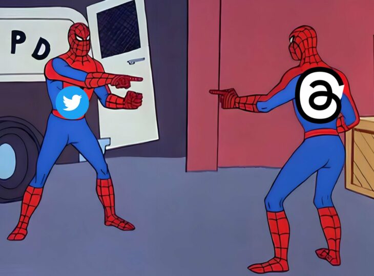 meme de dos spiderman con los logos de las app de Twitter y Threads 